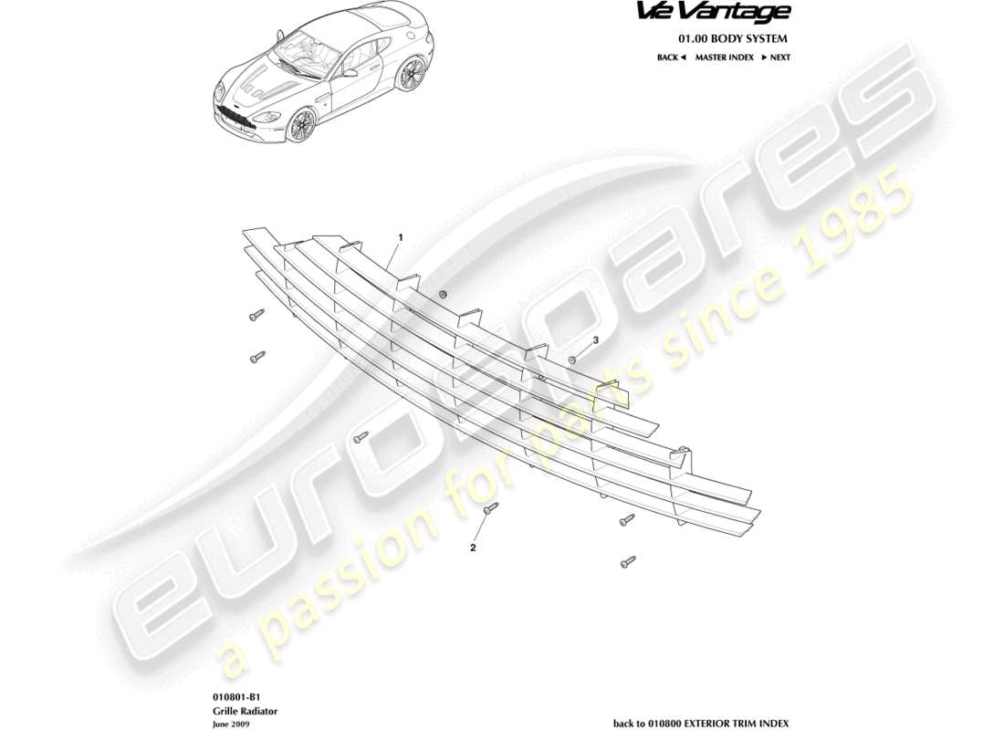 aston martin v12 vantage (2011) diagramma delle parti della griglia del radiatore