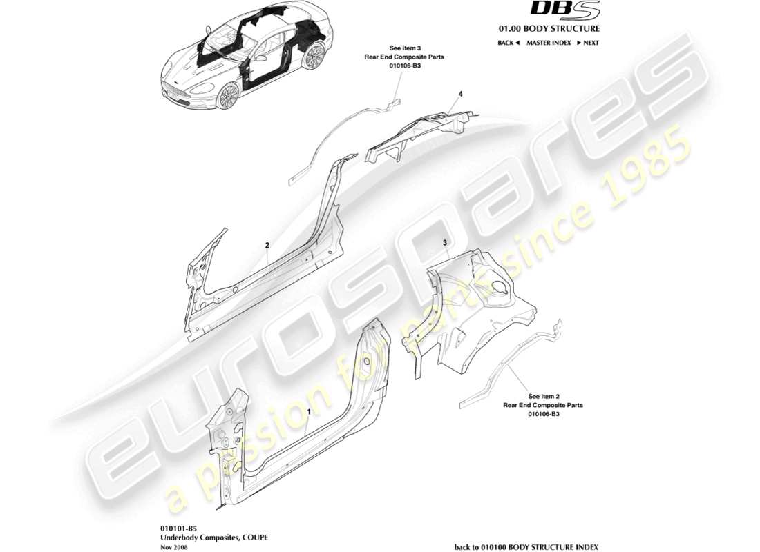aston martin dbs (2009) compositi sottoscocca, coupé diagramma delle parti