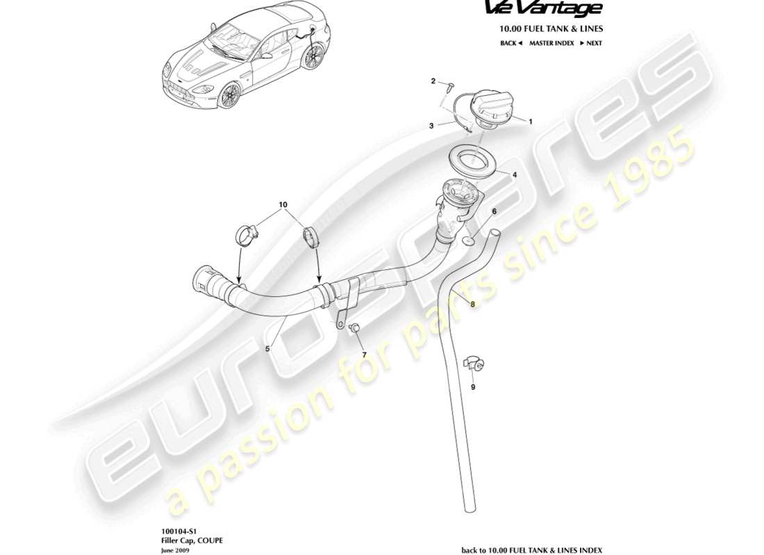 aston martin v12 vantage (2010) rifornitore di carburante, diagramma delle parti della coupé
