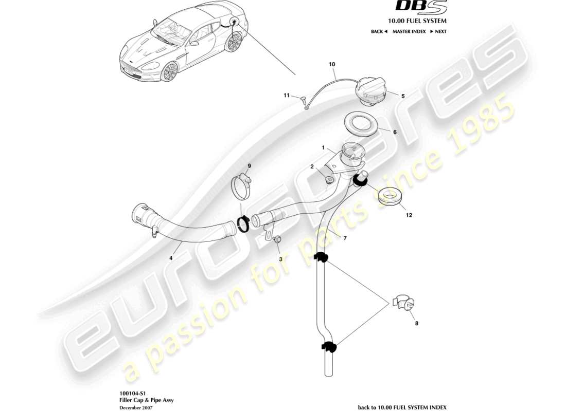 aston martin dbs (2007) tankdeckel und -rohr, coupé teilediagramm