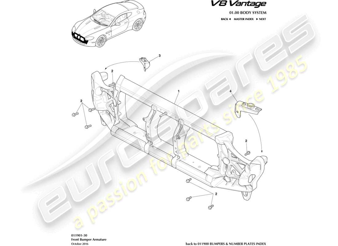 aston martin v8 vantage (2006) diagramma delle parti dell'armatura del paraurti anteriore