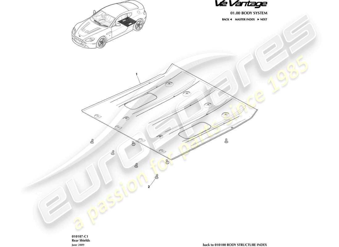 aston martin v12 vantage (2010) schema delle parti della protezione sottoscocca posteriore