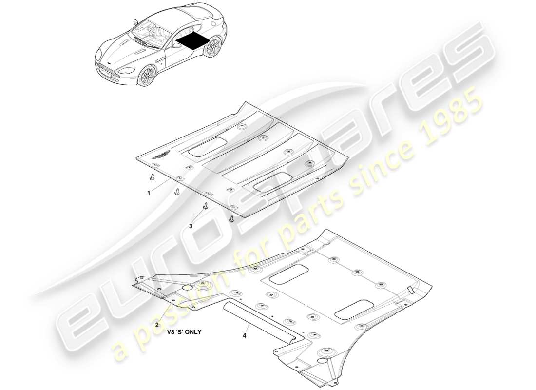 aston martin v8 vantage (2005) schema delle parti della protezione sottoscocca posteriore
