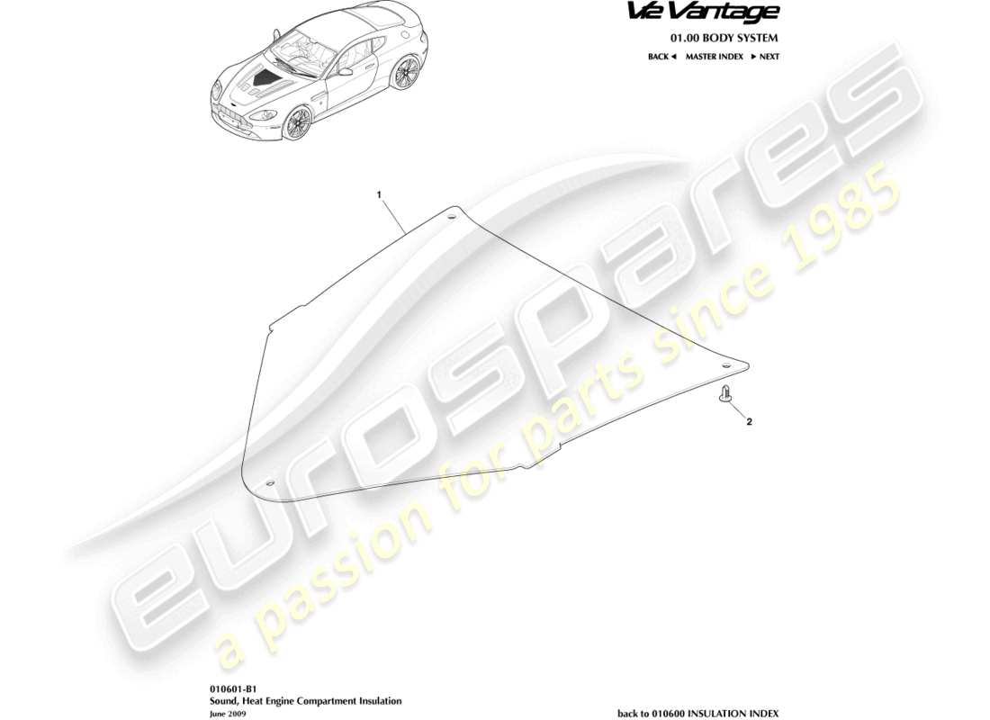aston martin v12 vantage (2011) isolamento acustico, diagramma delle parti della composizione del motore