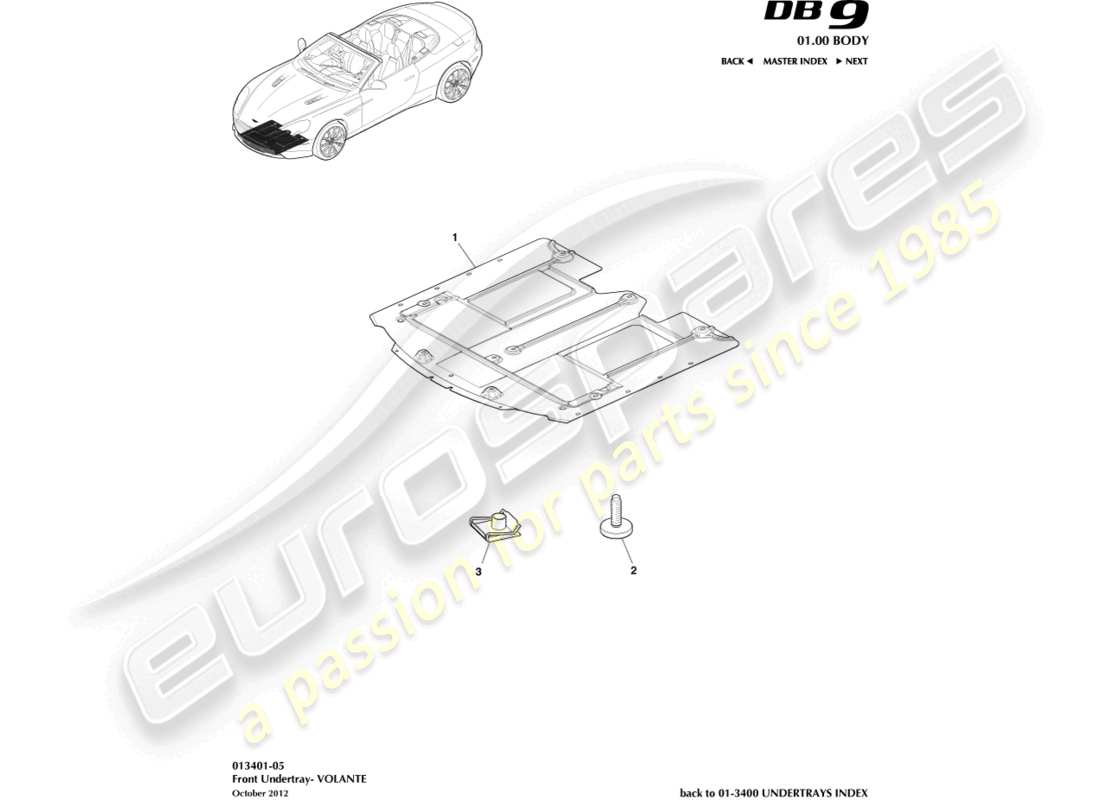 aston martin db9 (2013) sottoscocca anteriore, volante diagramma delle parti
