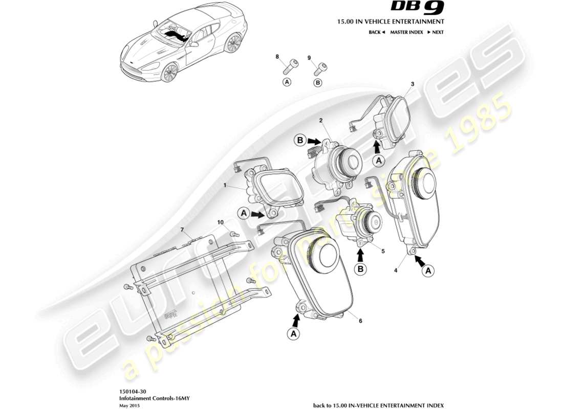 aston martin db9 (2013) controlli di infotainment, diagramma delle parti 16my