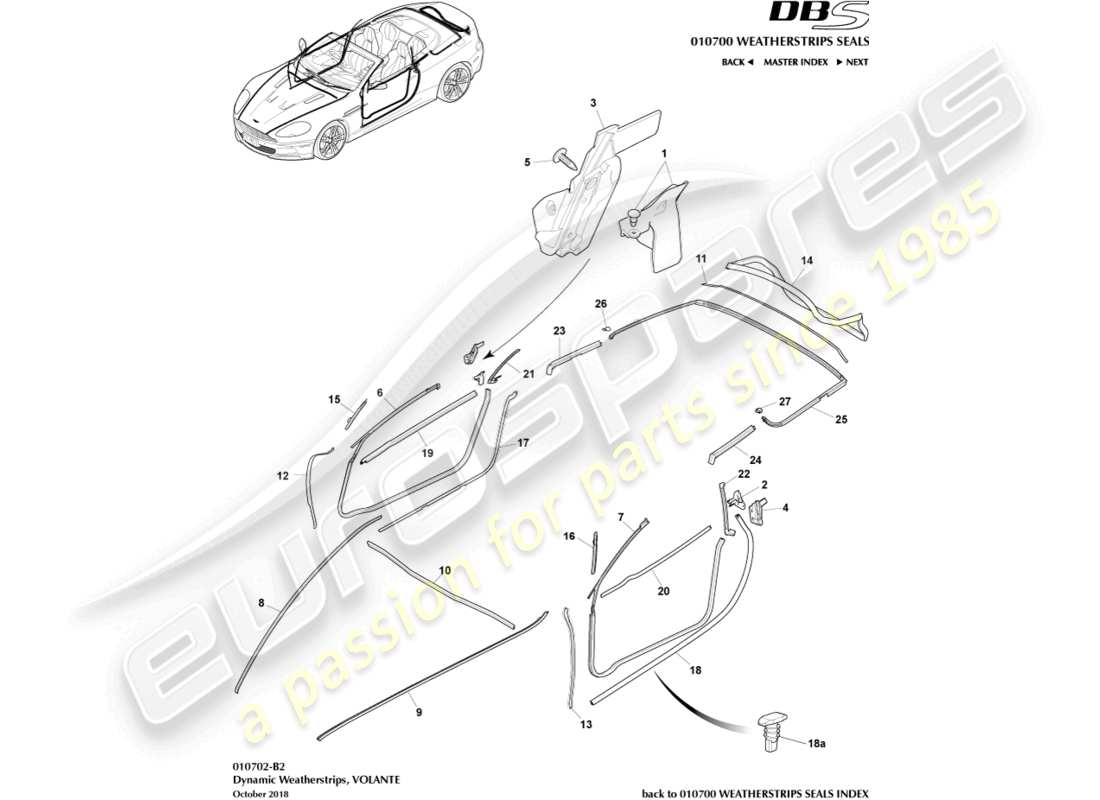 aston martin dbs (2010) dynamische dichtungsstreifen, volante teilediagramm