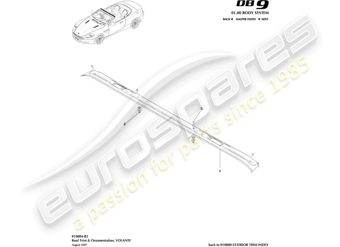 aston martin db9 (2005) rivestimento del tetto, diagramma delle parti del volante