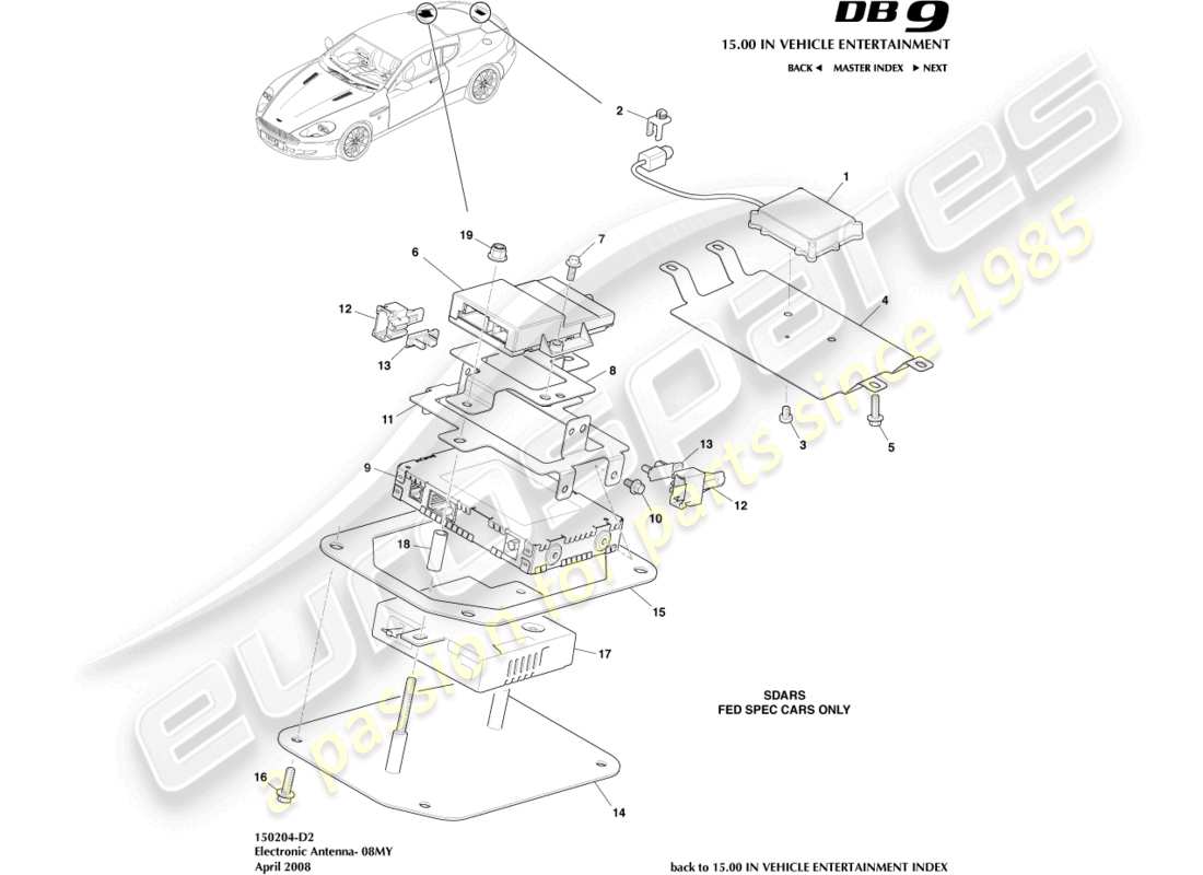 aston martin db9 (2012) antenna elettronica, 08my diagramma delle parti
