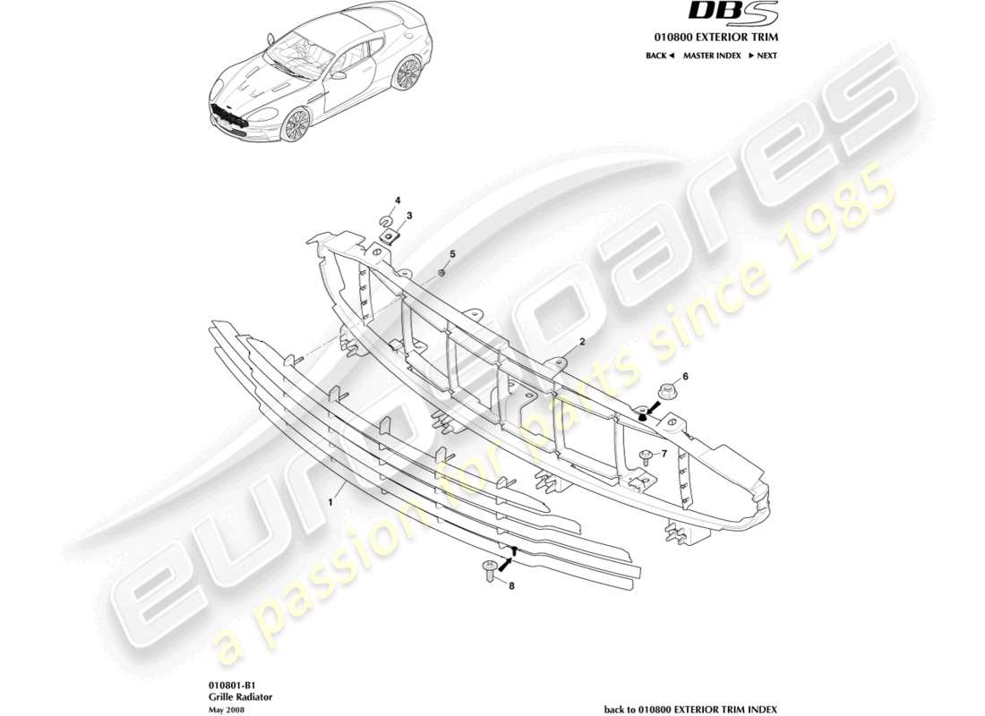 aston martin dbs (2013) diagramma delle parti della griglia del radiatore