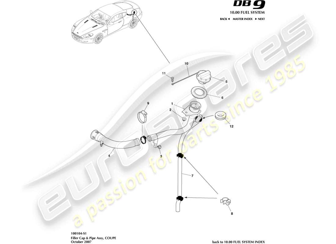 aston martin db9 (2010) tappo e tubo del bocchettone di rifornimento carburante, schema delle parti coupé