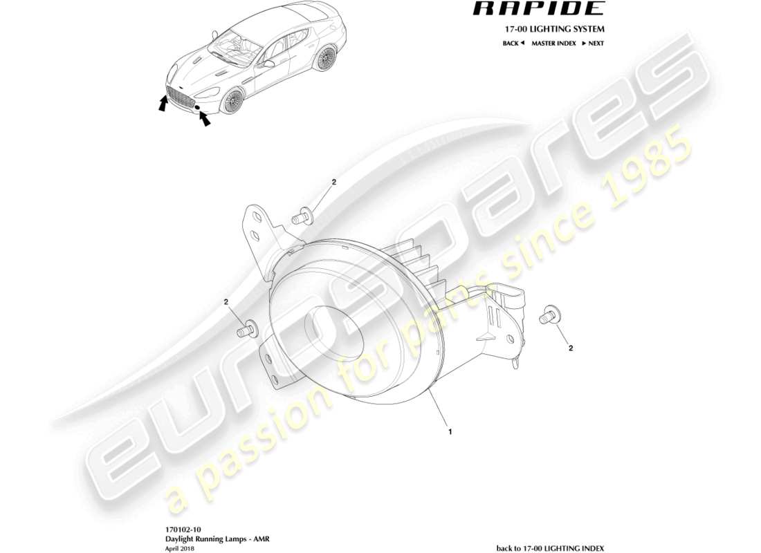 aston martin rapide (2014) luci di marcia diurna, amr diagramma delle parti