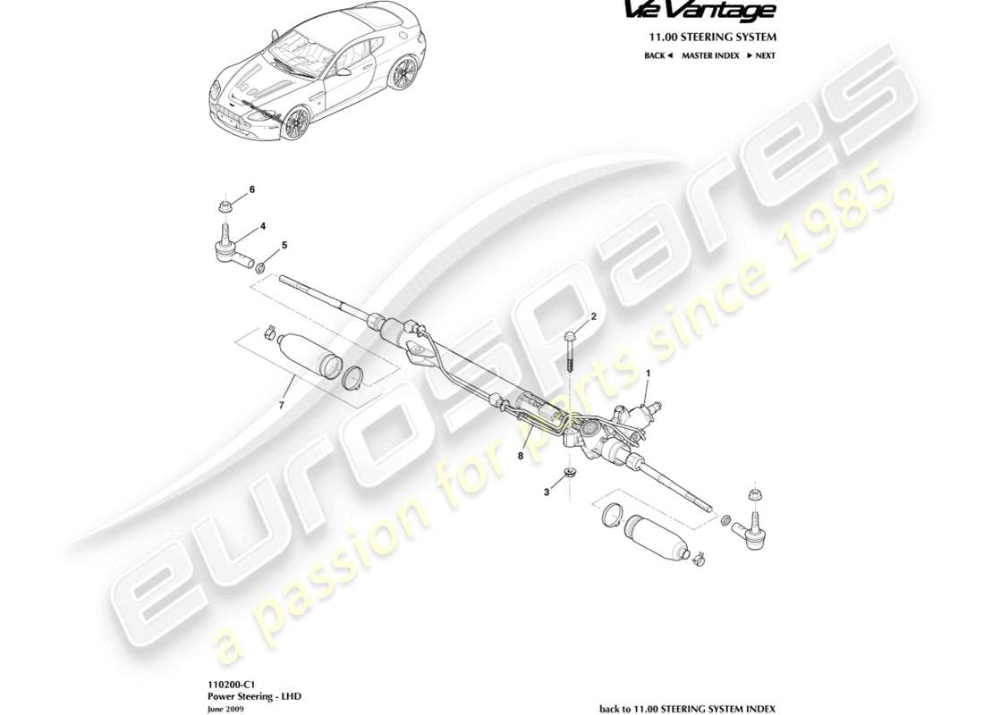aston martin v12 vantage (2011) schema delle parti servosterzo, guida a sinistra