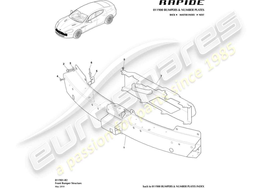 aston martin rapide (2017) diagramma delle parti della struttura del paraurti anteriore