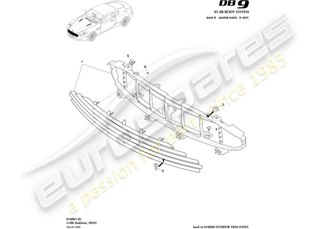aston martin db9 (2008) griglia del radiatore, 09my diagramma delle parti