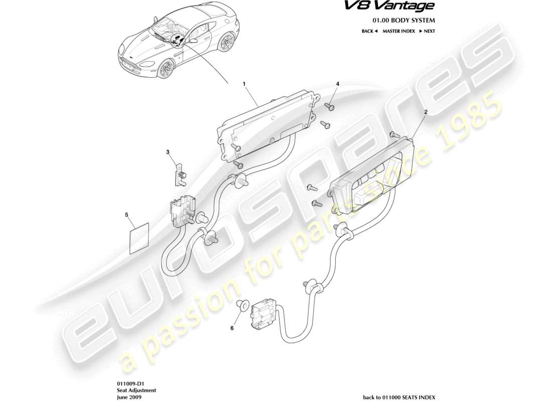 aston martin v8 vantage (2012) diagramma delle parti di regolazione del sedile anteriore