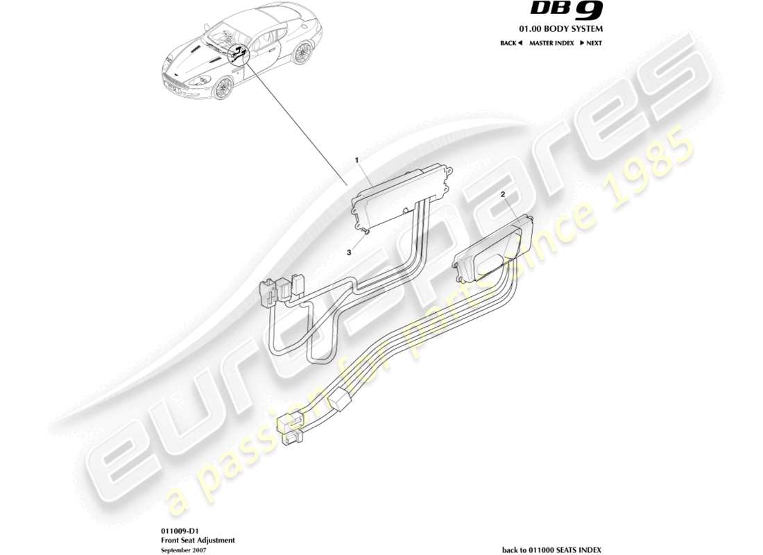 aston martin db9 (2009) regolazione del sedile anteriore diagramma delle parti