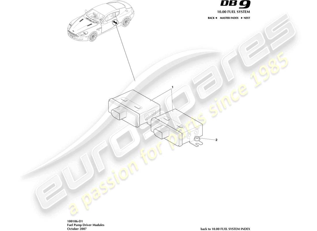 aston martin db9 (2007) diagramma delle parti dei moduli della pompa del carburante