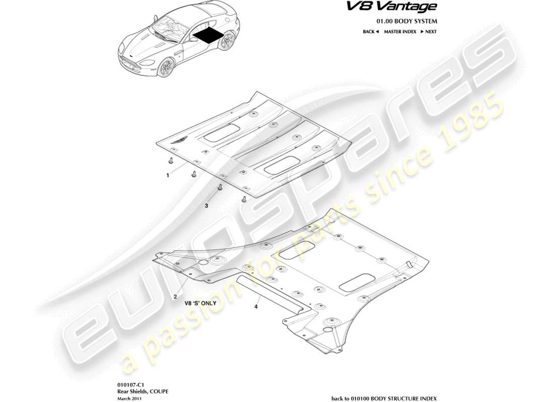 aston martin v8 vantage (2012) schema delle parti della protezione sottoscocca posteriore