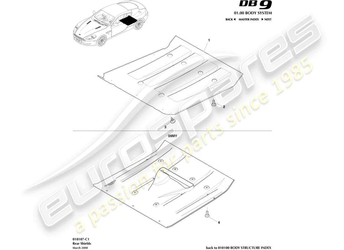aston martin db9 (2007) protezioni sottoscocca posteriori diagramma delle parti