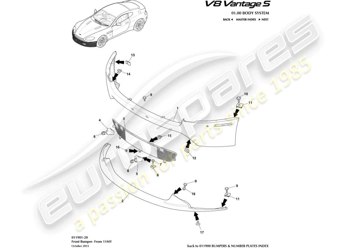 aston martin v8 vantage (2014) paraurti anteriore, 12.25my acceso e v8s diagramma delle parti