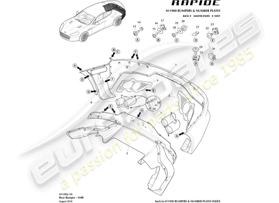 aston martin rapide (2012) paraurti posteriore, schema delle parti amr