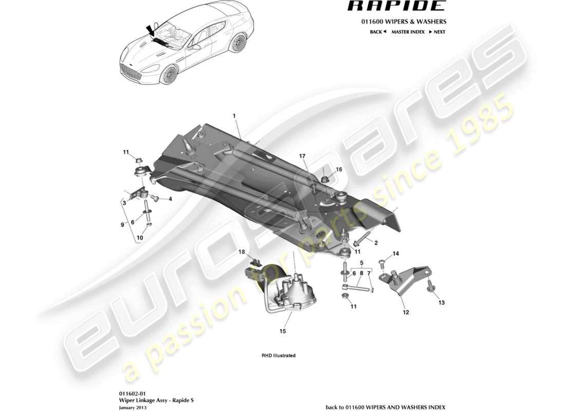 aston martin rapide (2016) collegamento del tergicristallo, s diagramma delle parti