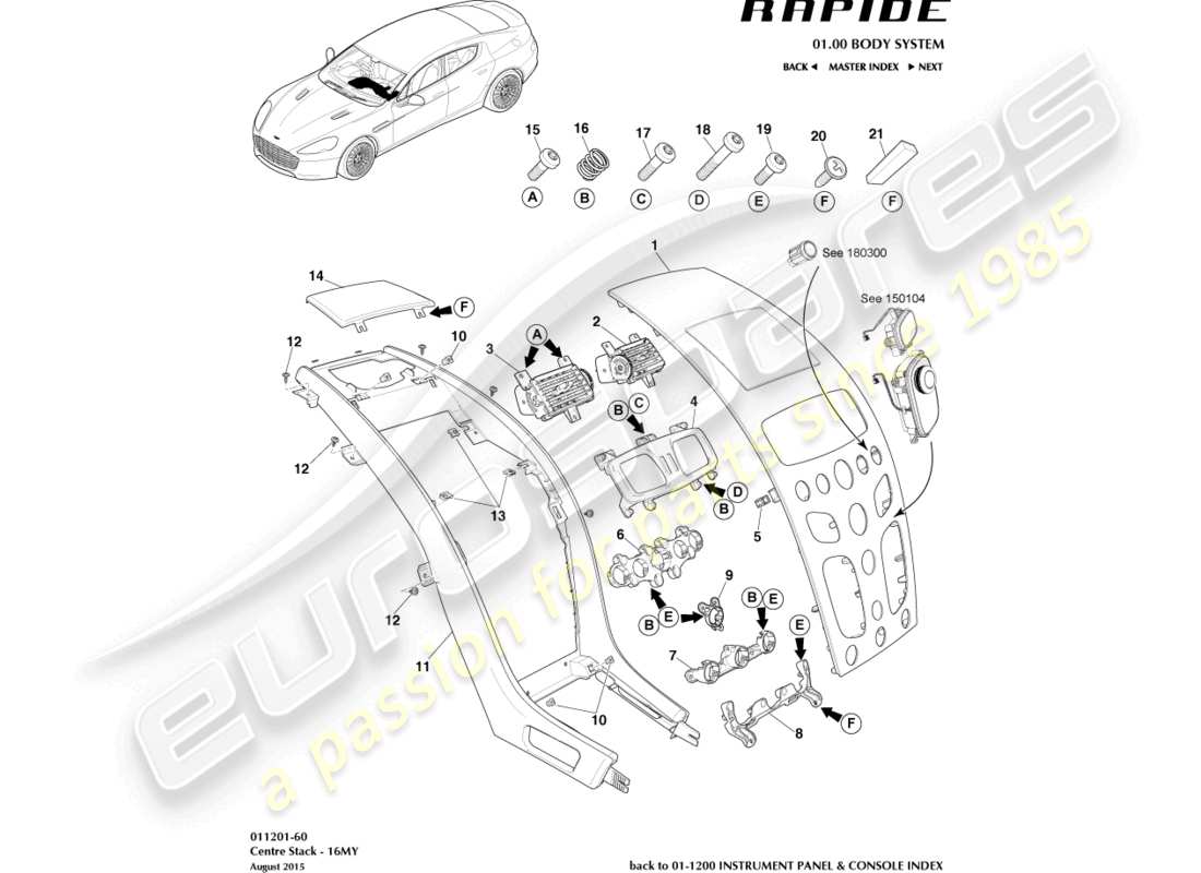 aston martin rapide (2016) pannello di rivestimento centrale, s 16my diagramma delle parti