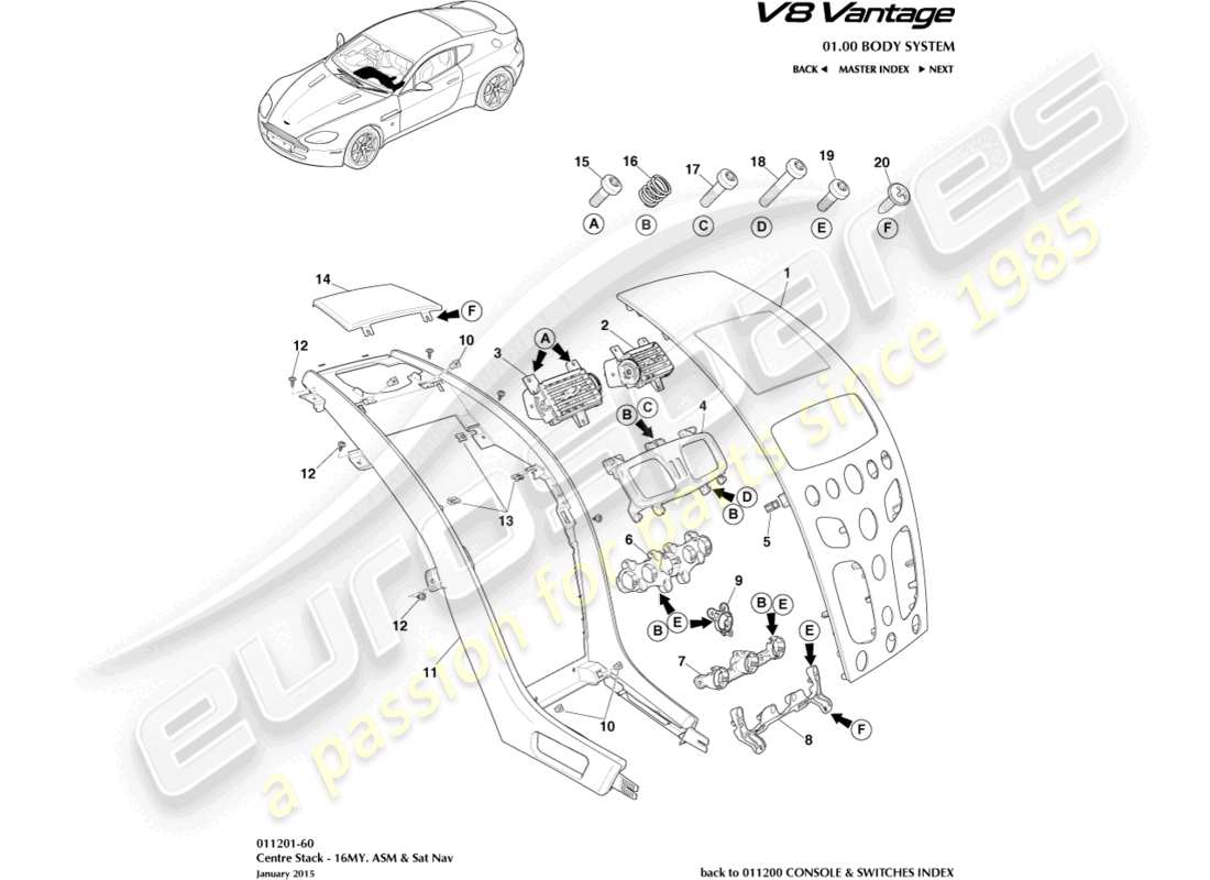 aston martin v8 vantage (2014) pila centrale, asm, diagramma delle parti 16my