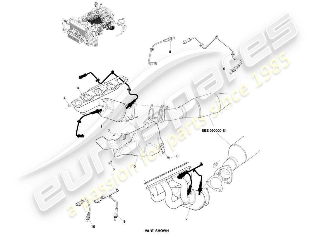 aston martin v8 vantage (2005) collettori di scarico schema delle parti