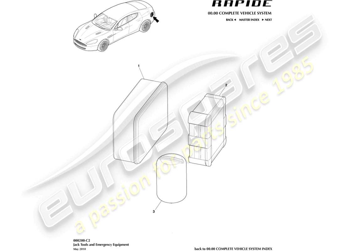 aston martin rapide (2012) diagramma delle parti dell'attrezzatura di emergenza per pneumatici