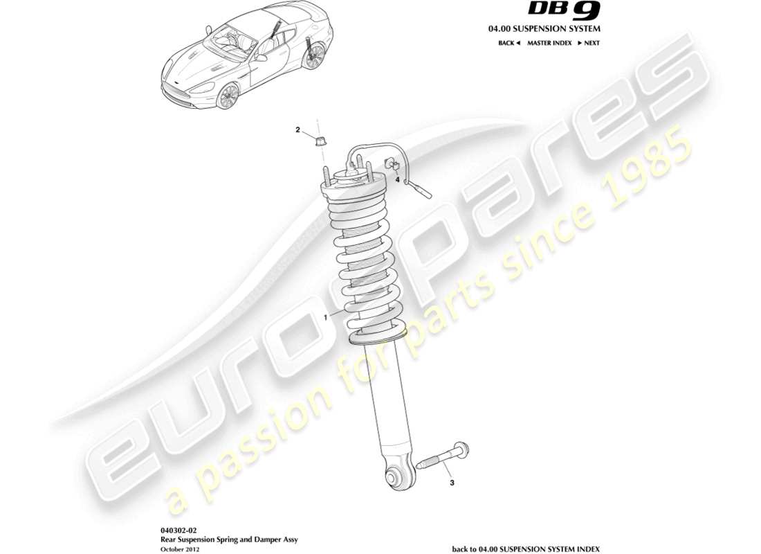 aston martin db9 (2014) diagramma delle parti della molla e dell'ammortizzatore posteriori