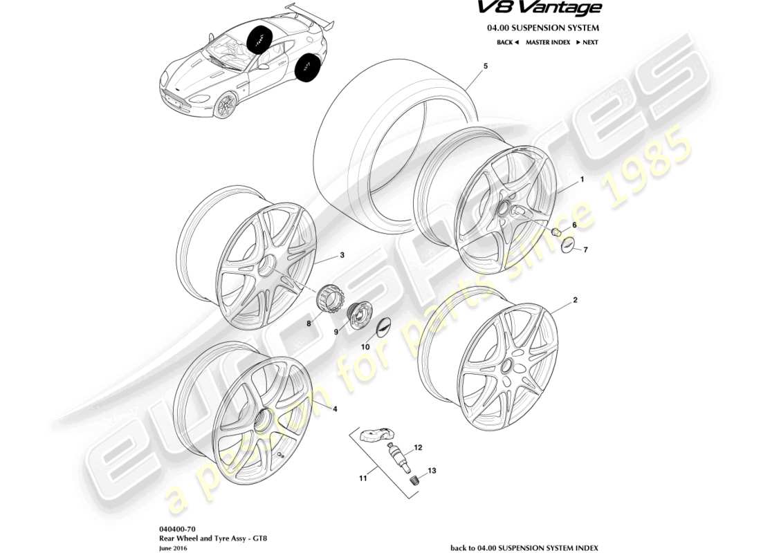aston martin v8 vantage (2012) ruote e pneumatici posteriori, diagramma delle parti gt8