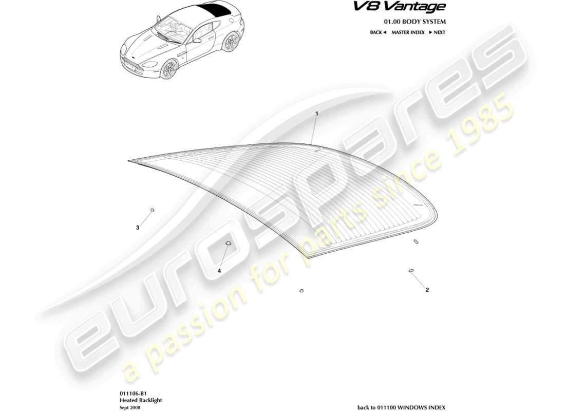 aston martin v8 vantage (2006) schema delle parti del parabrezza posteriore