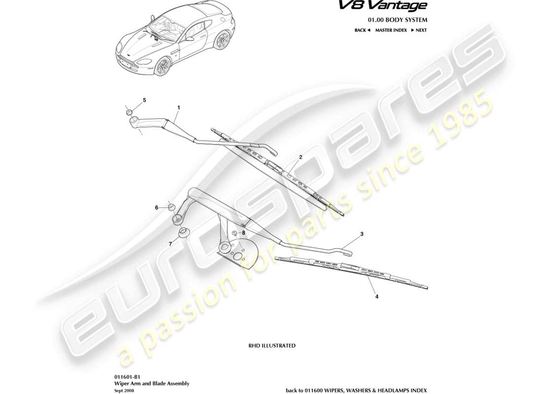 aston martin v8 vantage (2006) schema delle parti del gruppo spazzola tergicristallo