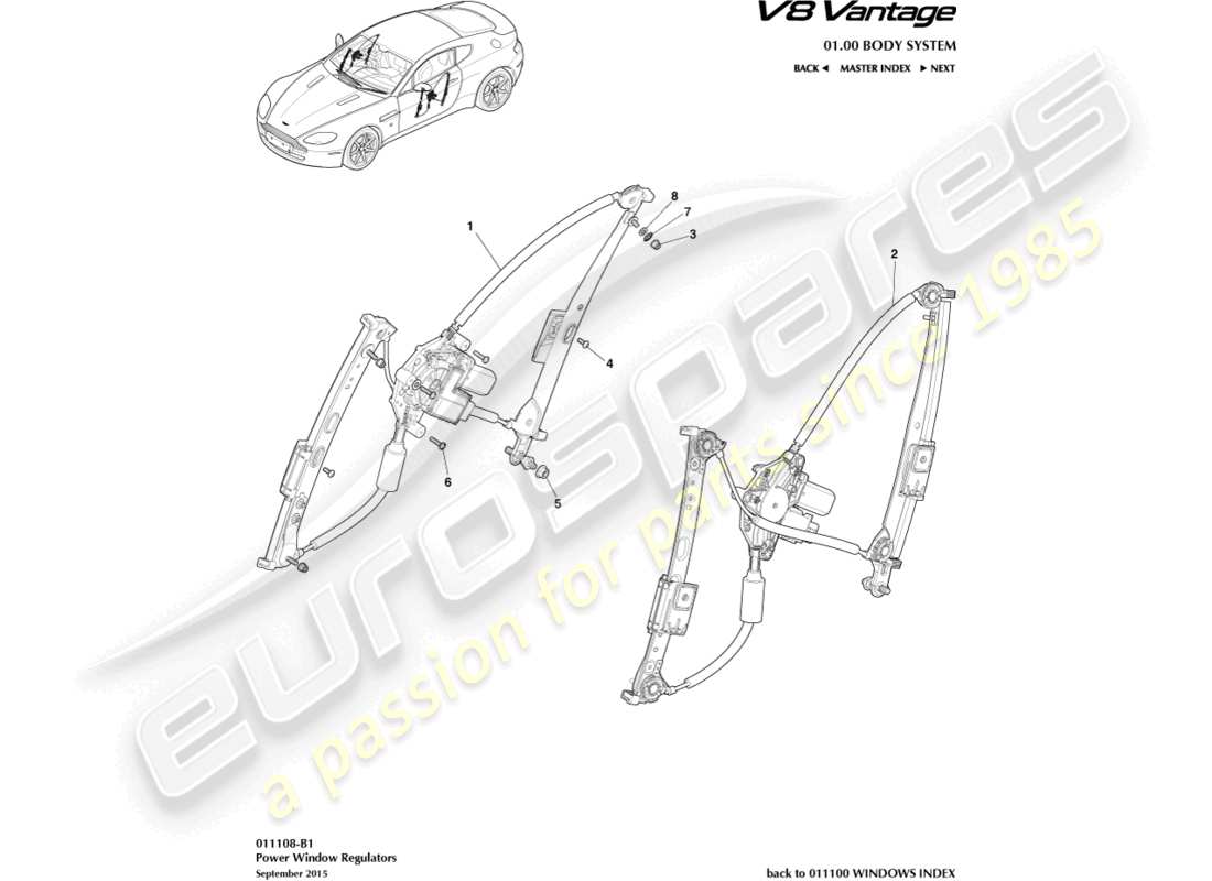aston martin v8 vantage (2006) diagramma delle parti degli alzacristalli per porte e finestre