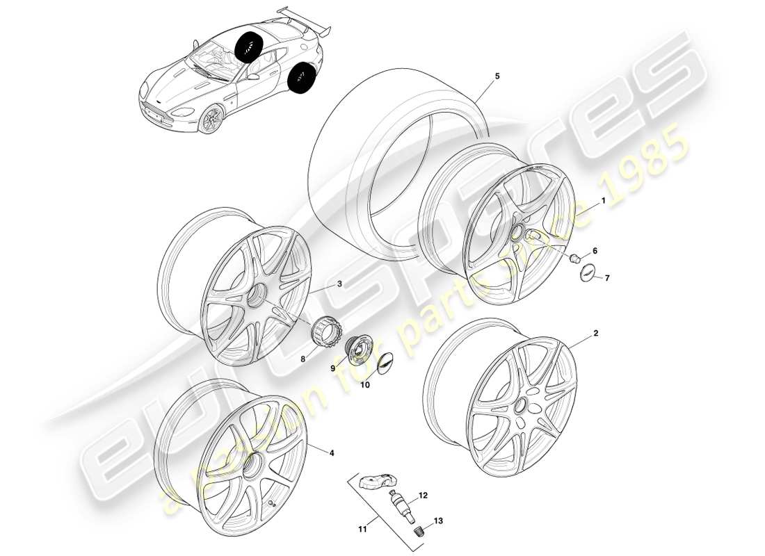 aston martin v8 vantage (2007) ruote e pneumatici posteriori, diagramma delle parti gt8