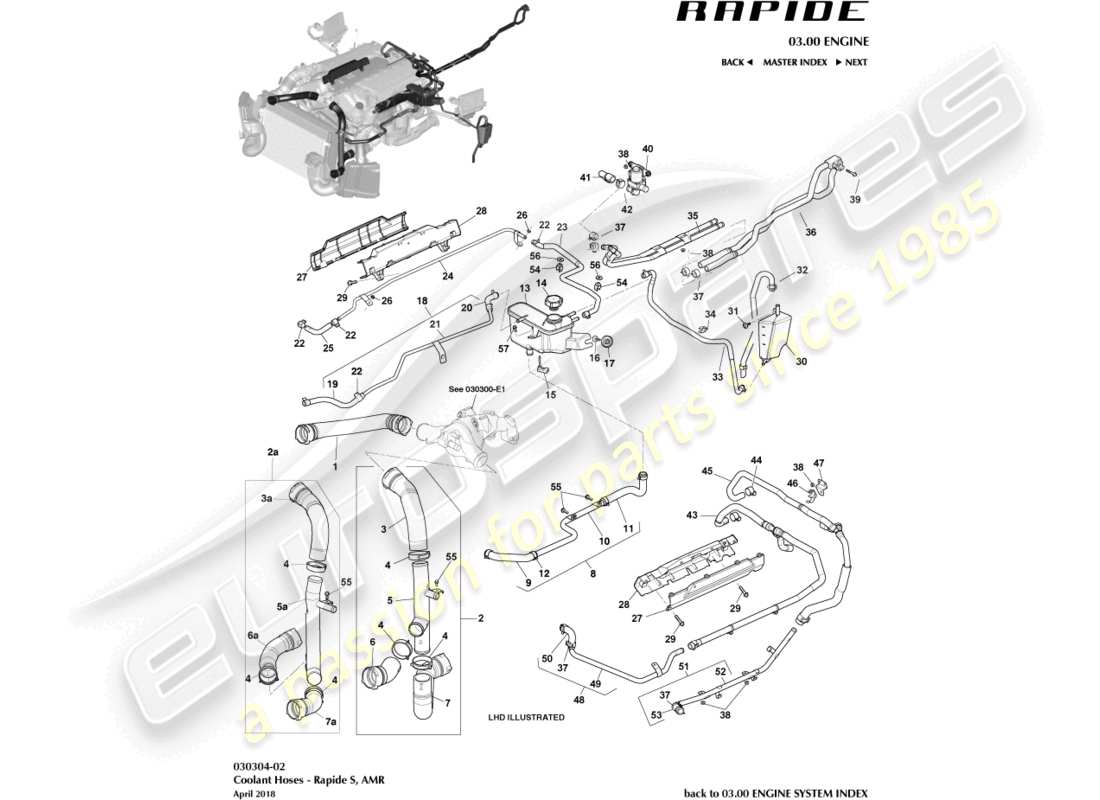 aston martin rapide (2010) kühlmittelbehälter und schläuche teilediagramm