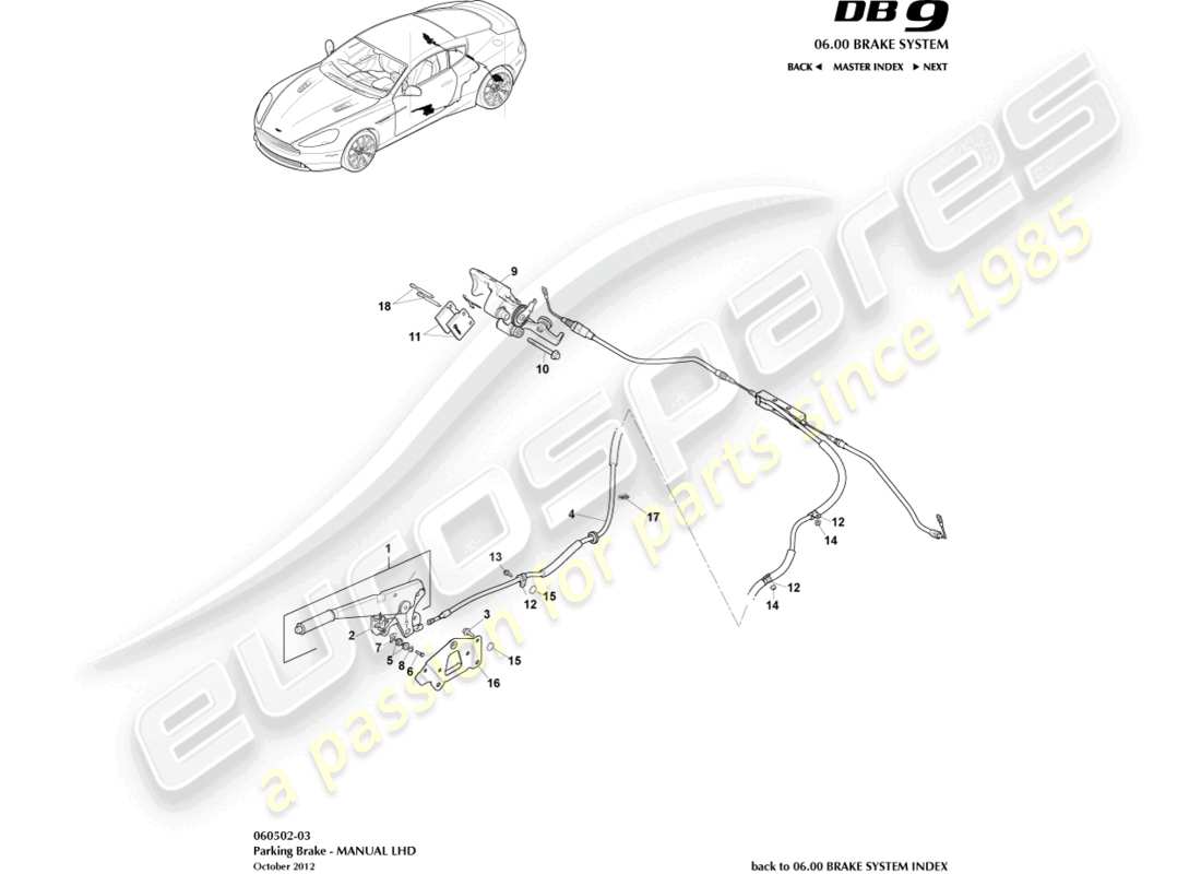aston martin db9 (2015) freno di stazionamento, guida a sinistra diagramma delle parti