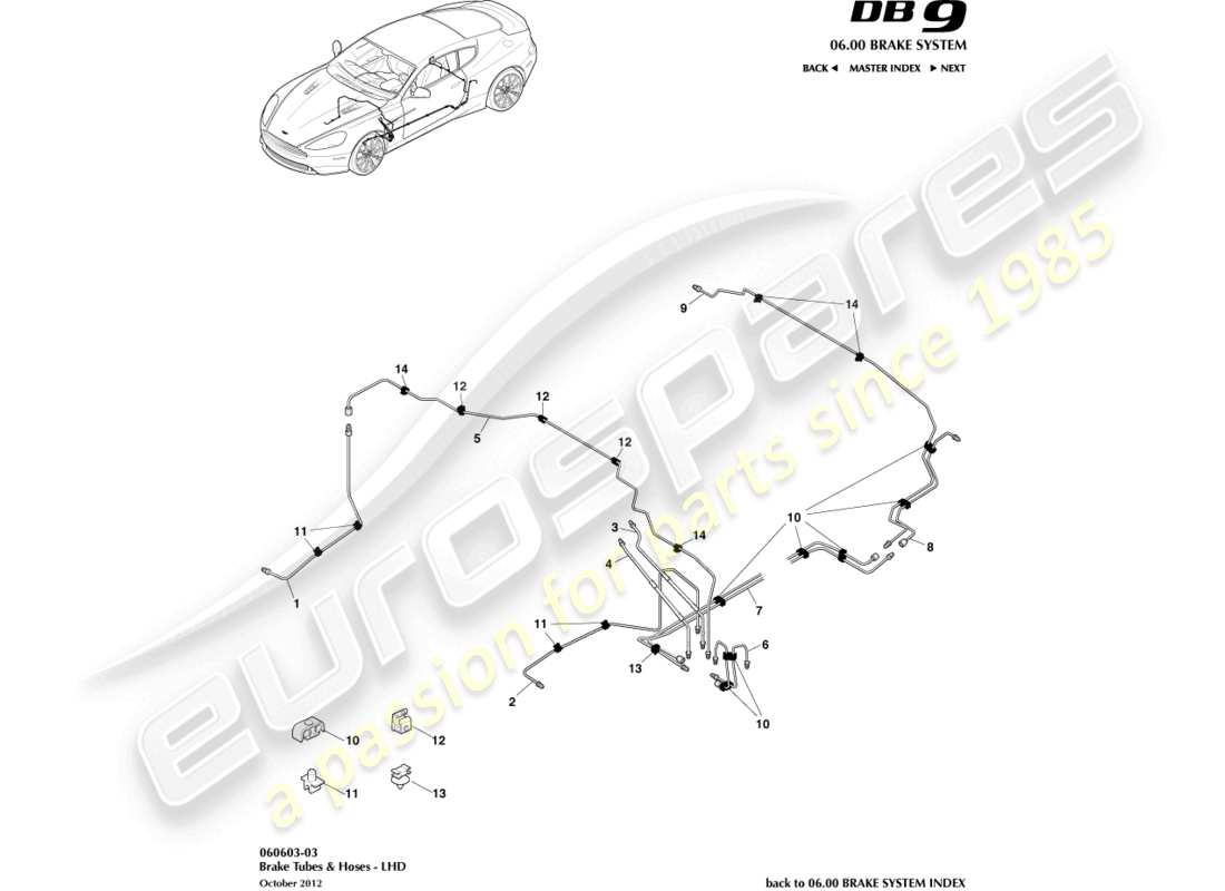 aston martin db9 (2014) diagramma delle parti di tubazioni e tubi flessibili dei freni, guida a sinistra