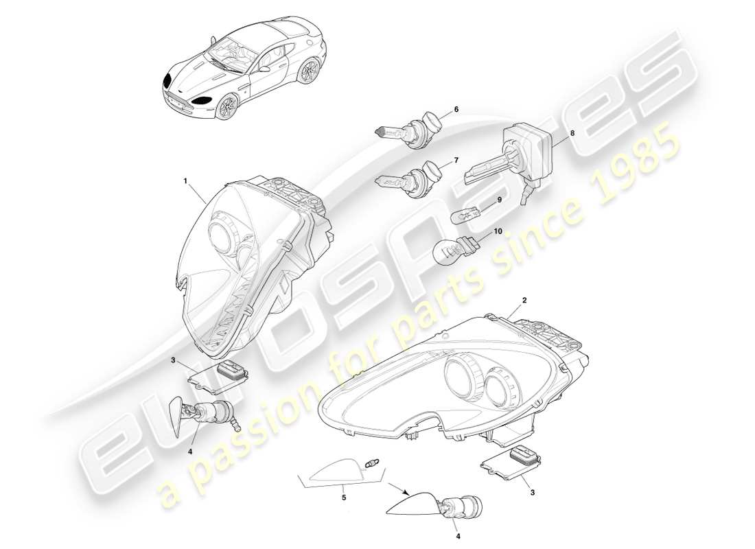 aston martin v8 vantage (2007) diagramma delle parti dei fari
