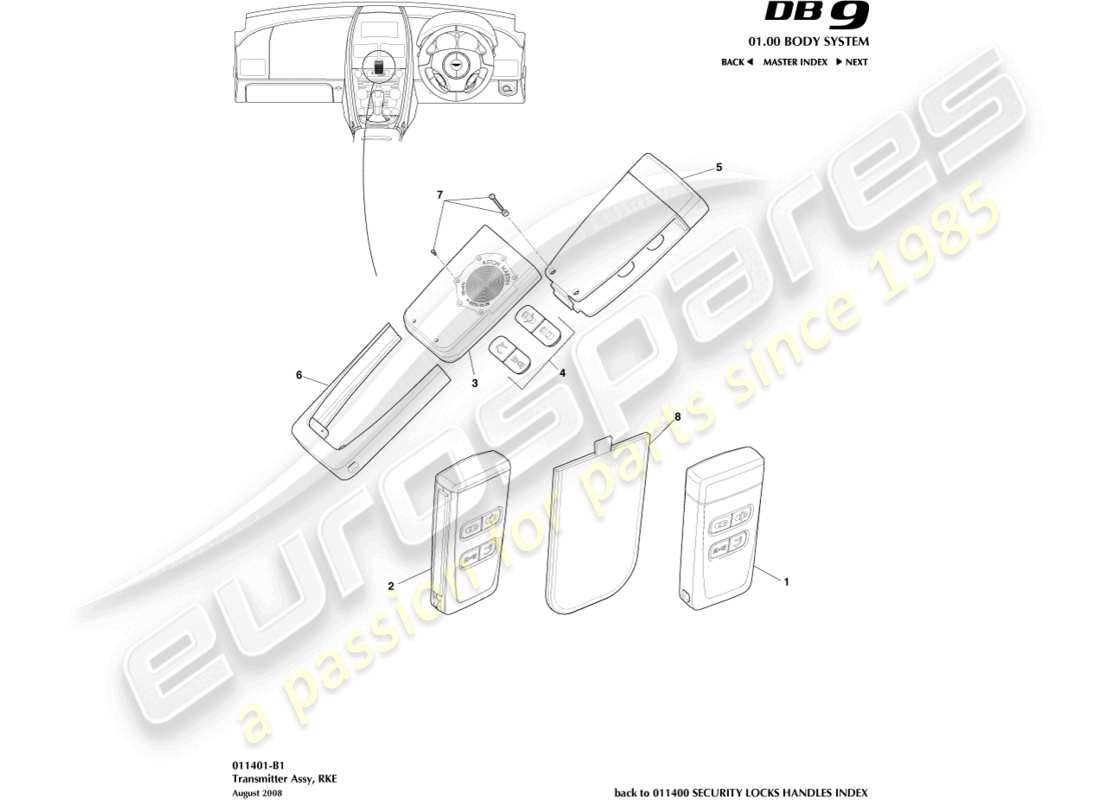 aston martin db9 (2005) trasmettitore, rke diagramma delle parti