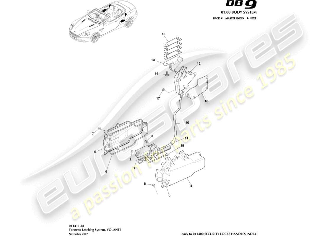 aston martin db9 (2005) diagramma delle parti del sistema di chiusura del tonneau