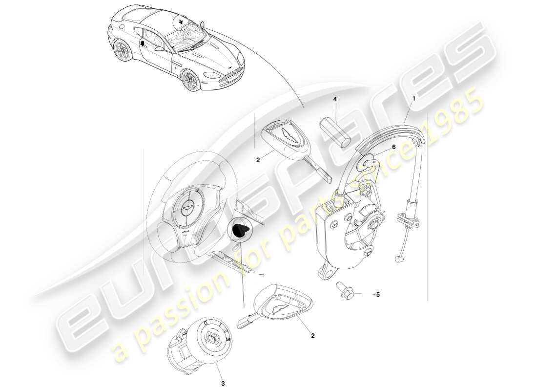 aston martin v8 vantage (2007) set di serrature e chiavi, diagramma delle parti con guida a sinistra