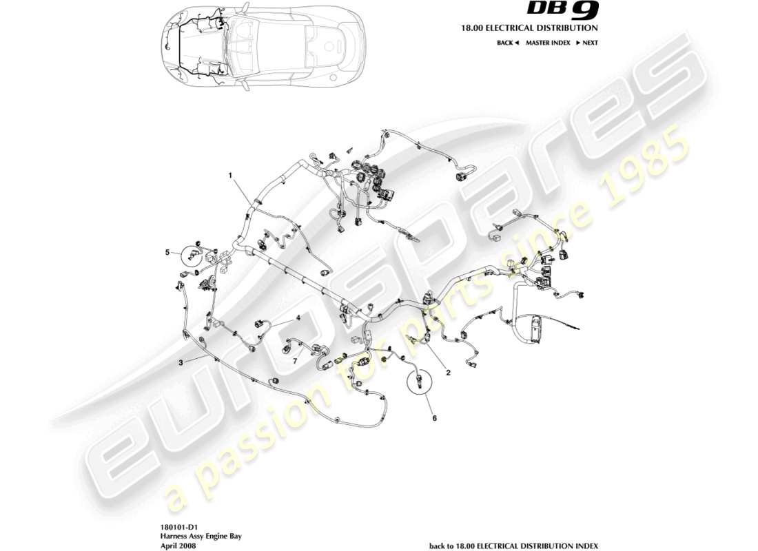aston martin db9 (2005) diagramma delle parti del cablaggio del vano motore
