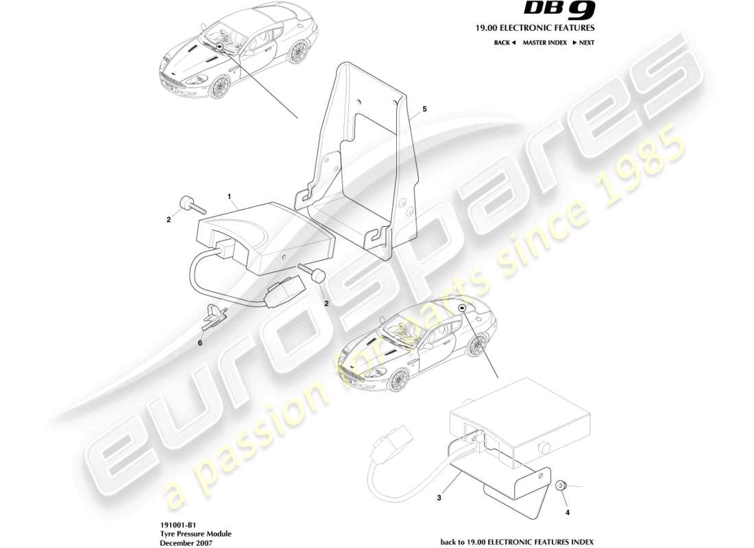 aston martin db9 (2005) diagramma delle parti del modulo pressione pneumatici