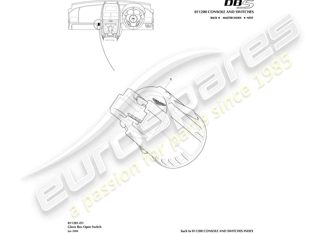 aston martin dbs (2010) interruttore del vano portaoggetti diagramma delle parti