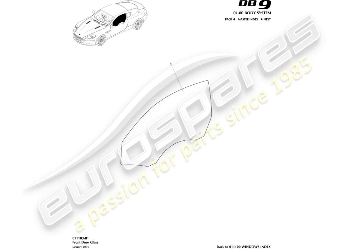 aston martin db9 (2008) vetro della porta diagramma delle parti