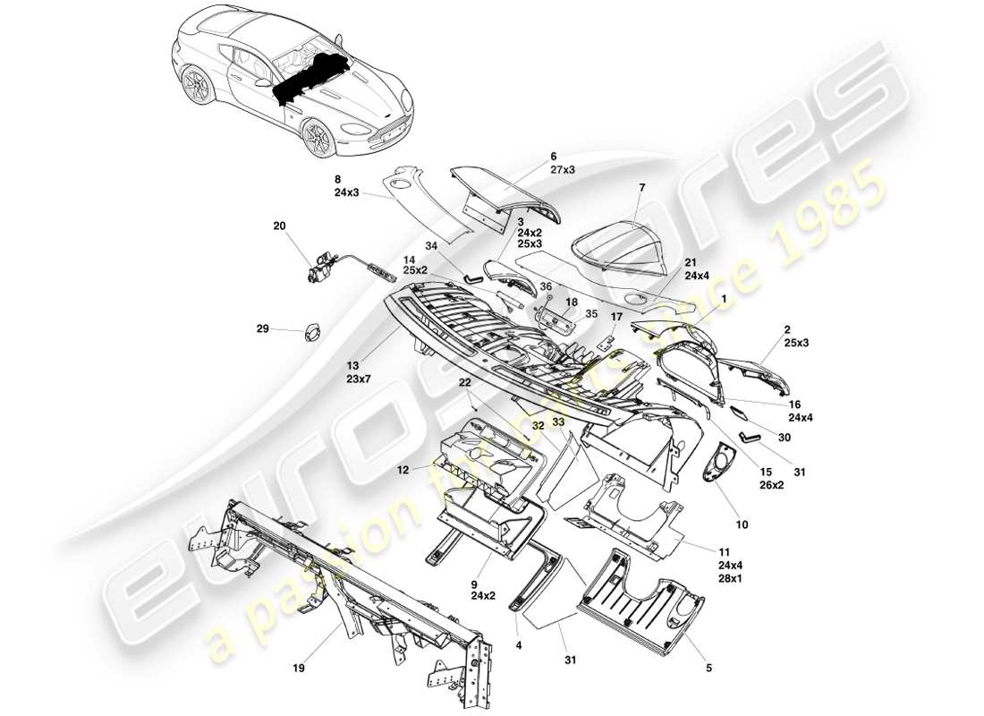 aston martin v8 vantage (2005) pannello strumenti, diagramma delle parti lhd