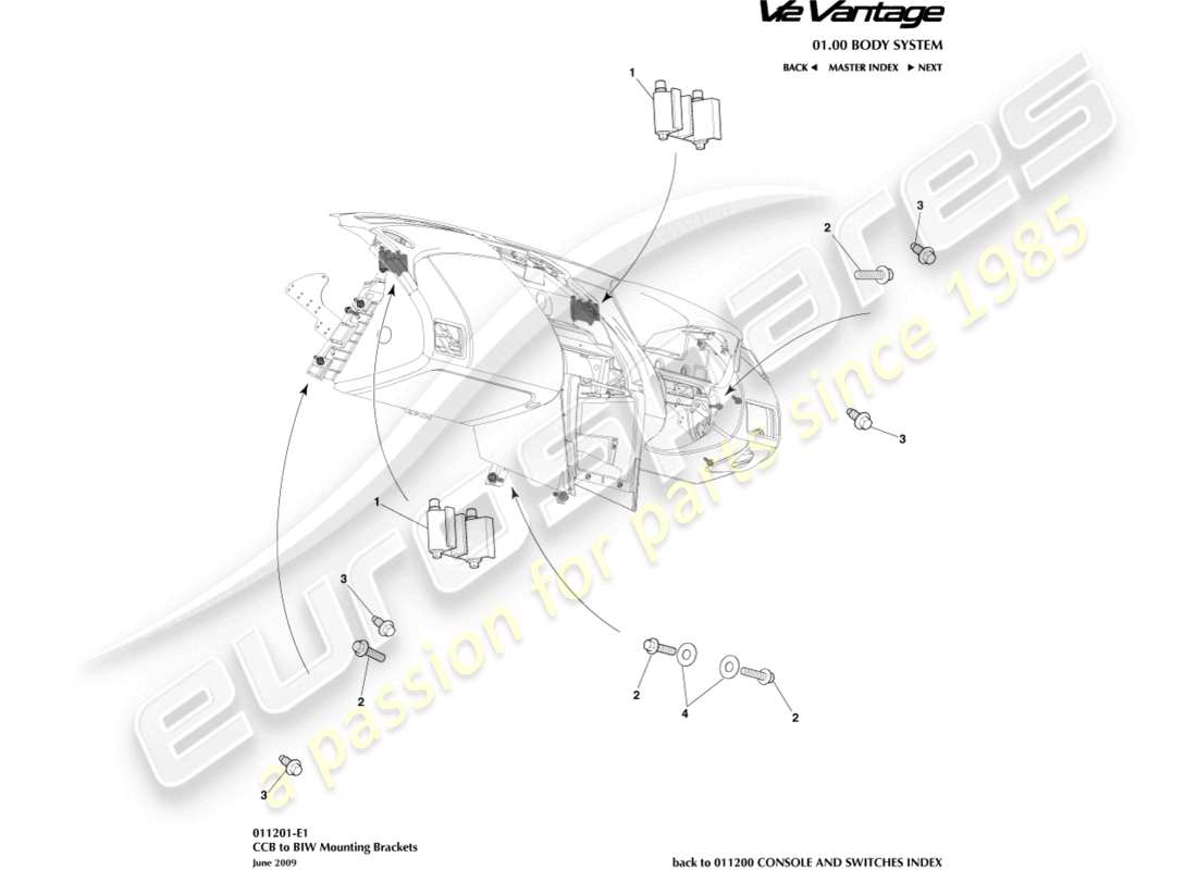 aston martin v12 vantage (2010) diagramma delle parti delle staffe da ccb a biw